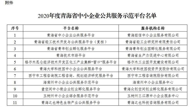  青海省工业和信息化厅 关于公布2020年度青海省中小企业公共 服务示范平台名单的通告 